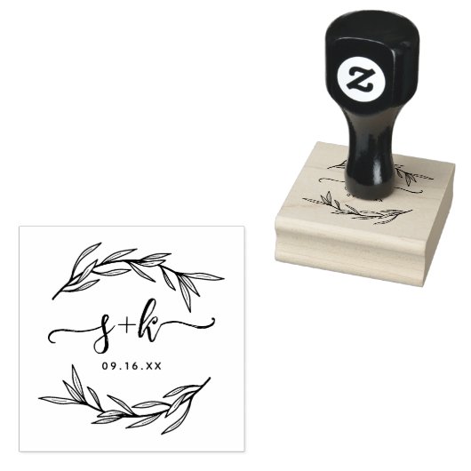 Laurel Leaf Script Koppel Monogram Save The Date Rubberstempel (Gestempeld)