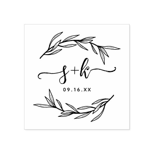 Laurel Leaf Script Koppel Monogram Save The Date Rubberstempel (Afrduk)