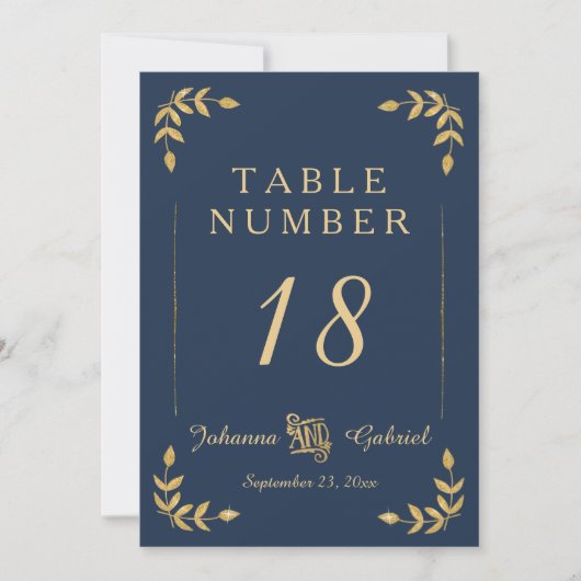 Laurel Leaf Typografie Navy Blue Gold Table Number Kaart (Voorkant)