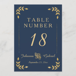 Laurel Leaf Typografie Navy Blue Gold Table Number Kaart