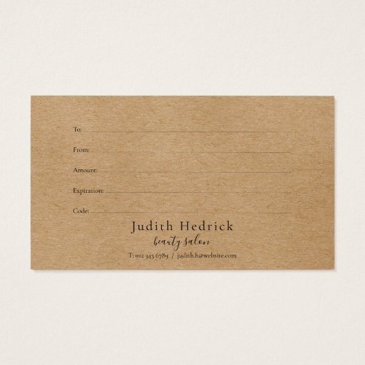 Laurel Leaves Rustic Kraft Cadeft Certificate Visitekaartje (Achterkant)