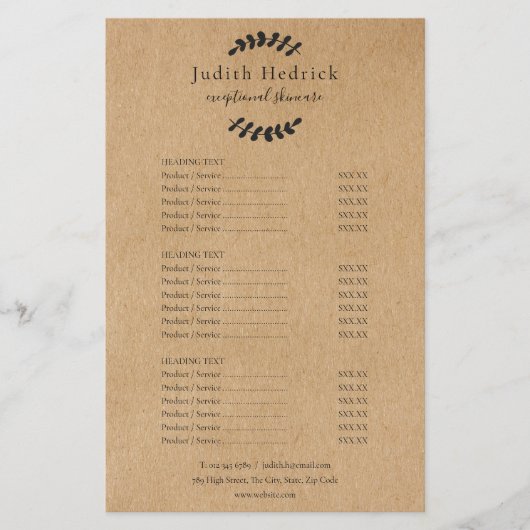 Laurel Leaves Rustic Kraft Salon Service Menu (Voorkant)