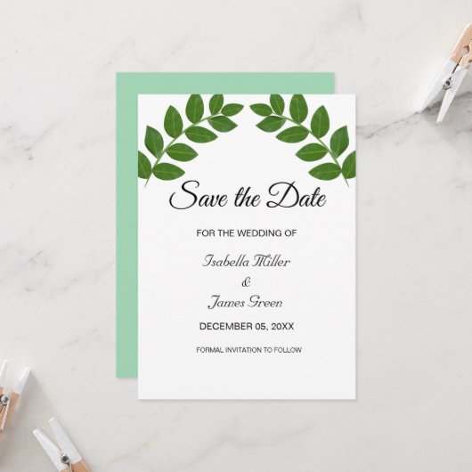 Laurel Leaves Wedding Save the Date Invitation Kaart (Voorkant / Achterkant in situ)