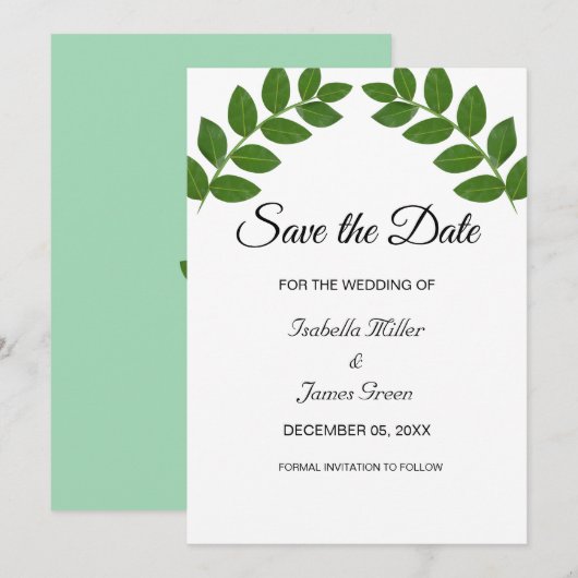 Laurel Leaves Wedding Save the Date Invitation Kaart (Voorkant / Achterkant)