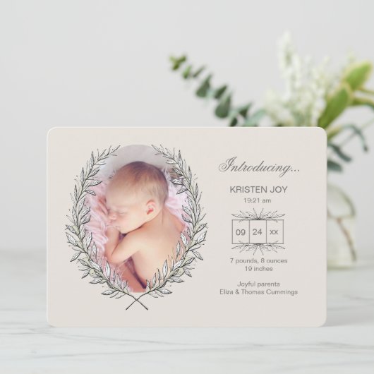 Laurel Lijst Fotogeboorteaankondiging Aankondiging (Staand voorkant)