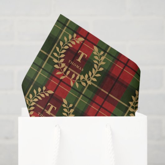 Laurel Monogram On Red And Green Christmas Plaid Tissuepapier (Cadeauzakje)