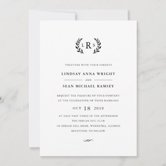 Laurel Monogram Wedding Uitnodiging (Voorkant)