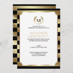 Laurel Monogrammed Black en Gold Afstuderen Kaart