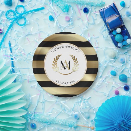 Laurel Monogrammed Zwart en Goud Afstudeerfeest Papieren Bordje (Feest)