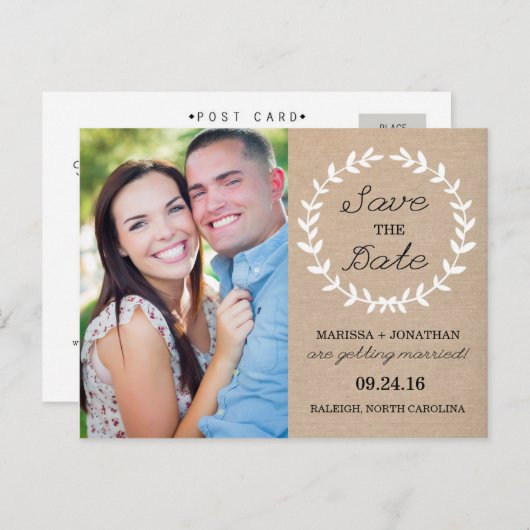 Laurel Save the Date Foto Briefkaart / Burlap (Voorkant / Achterkant)