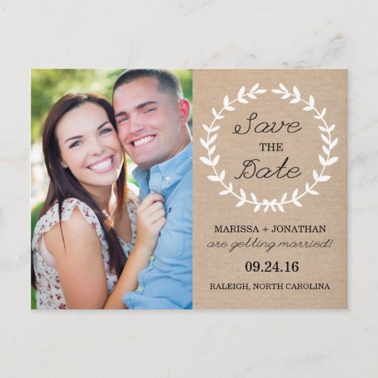 Laurel Save the Date Foto Briefkaart / Burlap (Voorkant)