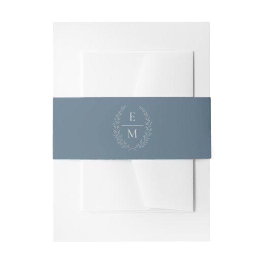 Laurel Stofblauw Monogram Trouwring Uitnodigingen Wikkel (Voorkant Voorbeeld)