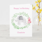 Laurel Watercolor Grijze Olifant 1e Verjaardag Kaart (Gele Bloem)