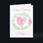 Laurel Waterverf Pink Heart 21st Birthday Kaart<br><div class="desc">Een groene waterverf laurel en roze bloemen met een roze waterverf hart op de voorkant van deze gepersonaliseerde 21ste verjaardagskaart voor haar. Je kunt het front gemakkelijk personaliseren met haar naam en verjaardagsbericht binnenin. Dit zou haar een prachtige 21ste kaart-hoed geven.</div>