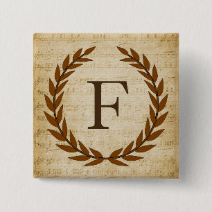 Laurel Wreatblad Music Monogram Initiaal F Vierkante Button 5,1 Cm