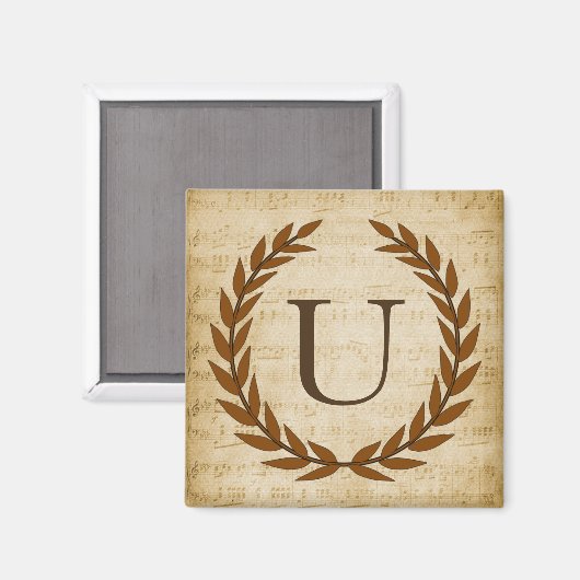 Laurel Wreatblad Music Monogram Initiaal U Magneet (Voorkant / Achterkant)