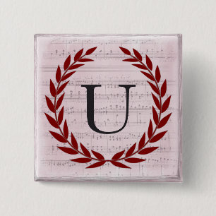 Laurel Wreatblad Music Monogram Initiaal U Vierkante Button 5,1 Cm