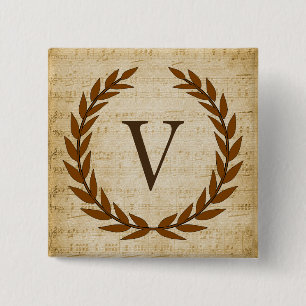 Laurel Wreatblad Music Monogram Initiaal V Vierkante Button 5,1 Cm