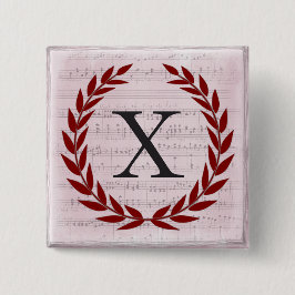 Laurel Wreatblad Music Monogram Initiaal X Vierkante Button 5,1 Cm