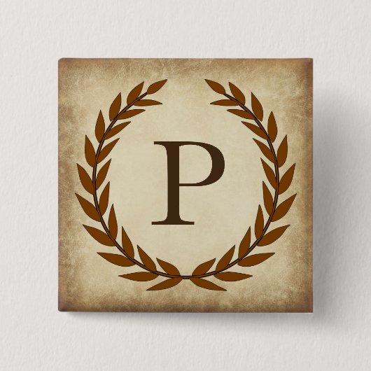 Laurel Wreath Aged Papyrus Monogram Initiaal P Vierkante Button 5,1 Cm (Voorkant)