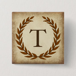 Laurel Wreath Aged Papyrus Monogram Initiaal T Vierkante Button 5,1 Cm