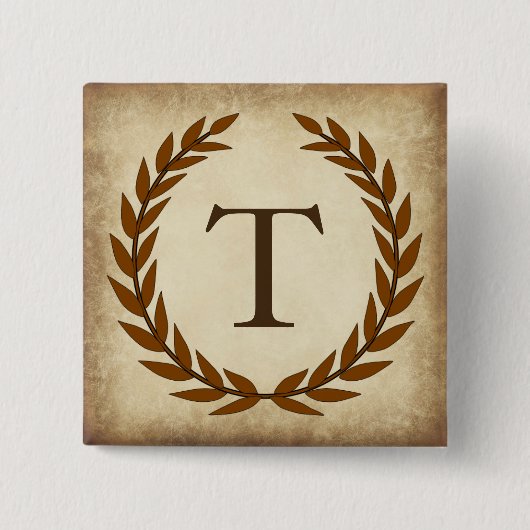 Laurel Wreath Aged Papyrus Monogram Initiaal T Vierkante Button 5,1 Cm (Voorkant)