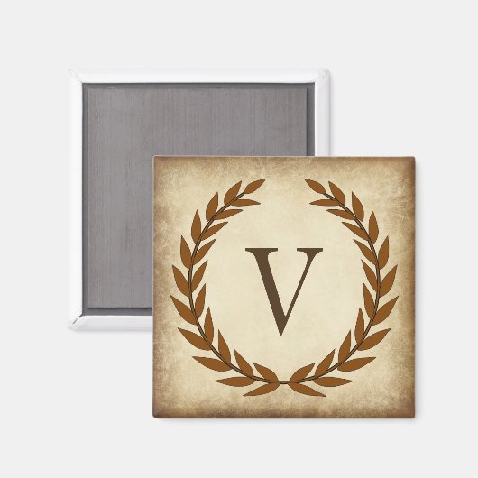 Laurel Wreath Aged Papyrus Monogram Initiaal V Magneet (Voorkant / Achterkant)