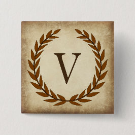 Laurel Wreath Aged Papyrus Monogram Initiaal V Vierkante Button 5,1 Cm