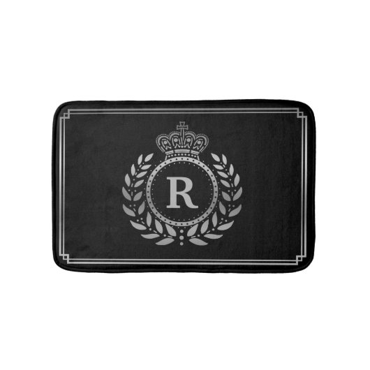 Laurel Wreath Crown Monogrammed Silver Black Royal Badmat (Voorkant)