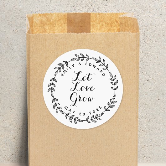 Laurel Wreath Let Love Grow Wedding Favor Ronde Sticker