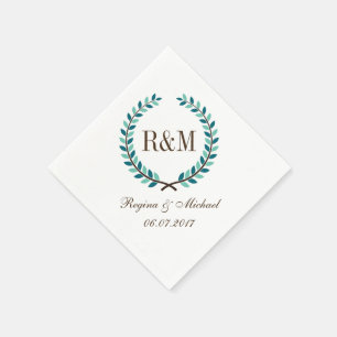 Laurel Wreath Monogram Wedding Napkin Blue White Servet