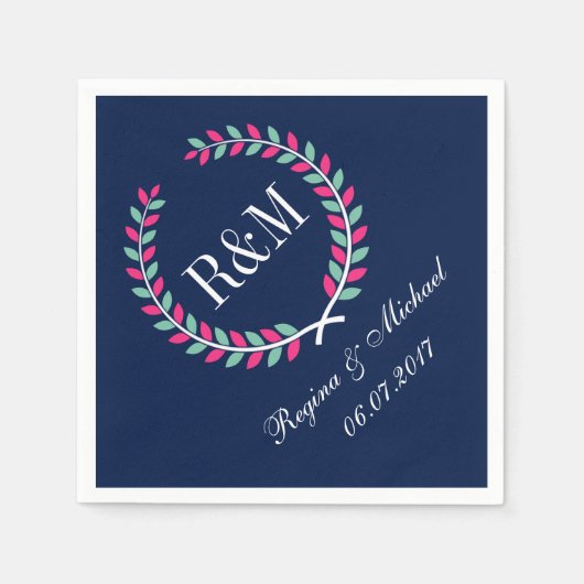 Laurel Wreath Monogram Wedding Napkin Navy Blue Servetten (Voorkant)