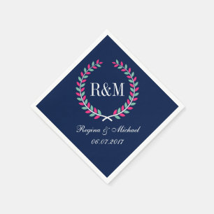 Laurel Wreath Monogram Wedding Napkin Navy Blue Servetten