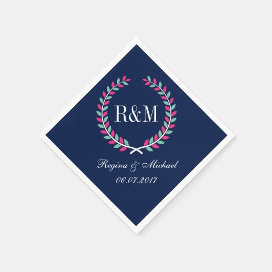 Laurel Wreath Monogram Wedding Napkin Navy Blue Servetten (Hoek)