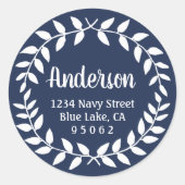 Laurel Wreath Navy Blue Retouradreslabels Ronde Sticker (Voorkant)