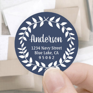 Laurel Wreath Navy Blue Retouradreslabels Ronde Sticker