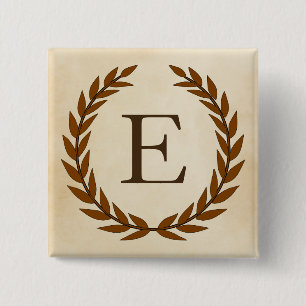 Laurel Wreath op Parchment Monogram Initiaal E Vierkante Button 5,1 Cm