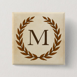 Laurel Wreath op Parchment Monogram Initiaal M Vierkante Button 5,1 Cm