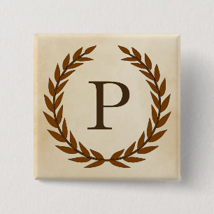 Laurel Wreath op Parchment Monogram Initiaal P Vierkante Button 5,1 Cm