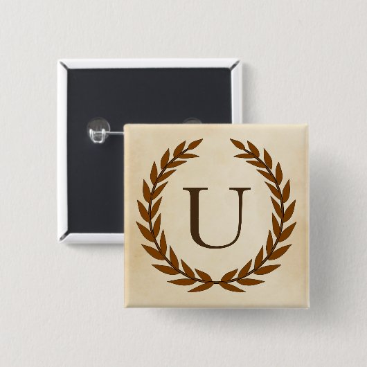 Laurel Wreath op Parchment Monogram Initiaal U Vierkante Button 5,1 Cm (Voorkant /achterkant)
