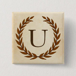 Laurel Wreath op Parchment Monogram Initiaal U Vierkante Button 5,1 Cm
