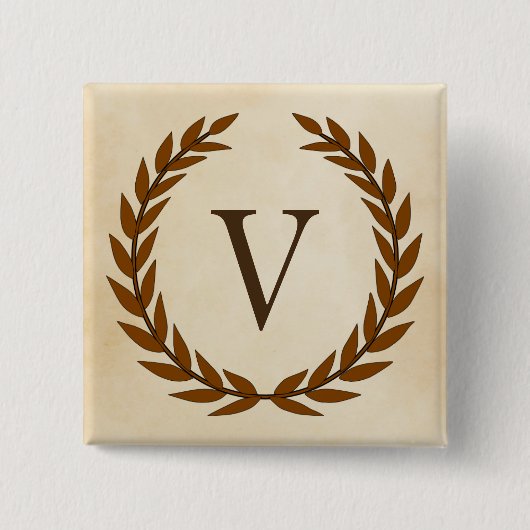 Laurel Wreath op Parchment Monogram Initiaal V Vierkante Button 5,1 Cm (Voorkant)