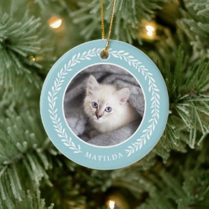 Laurel Wreath Pet Foto met Kerstmis   Blauw Keramisch Ornament