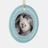 Laurel Wreath Pet Foto met Kerstmis | Blauw Keramisch Ornament (Rechts)