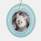 Laurel Wreath Pet Foto met Kerstmis | Blauw Keramisch Ornament (Links)