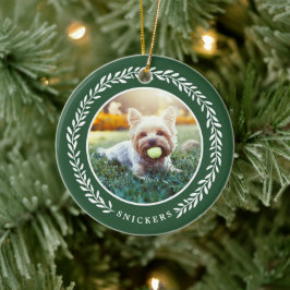 Laurel Wreath Pet Foto met Kerstmis | Groen Keramisch Ornament