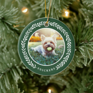 Laurel Wreath Pet Foto met Kerstmis   Groen Keramisch Ornament