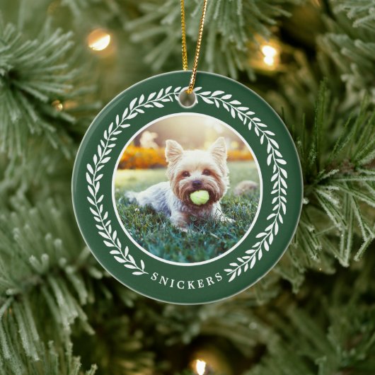 Laurel Wreath Pet Foto met Kerstmis | Groen Keramisch Ornament (Boom)