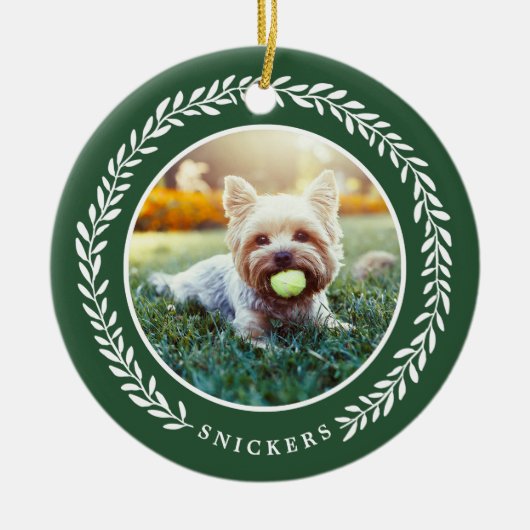 Laurel Wreath Pet Foto met Kerstmis | Groen Keramisch Ornament (Voorkant)