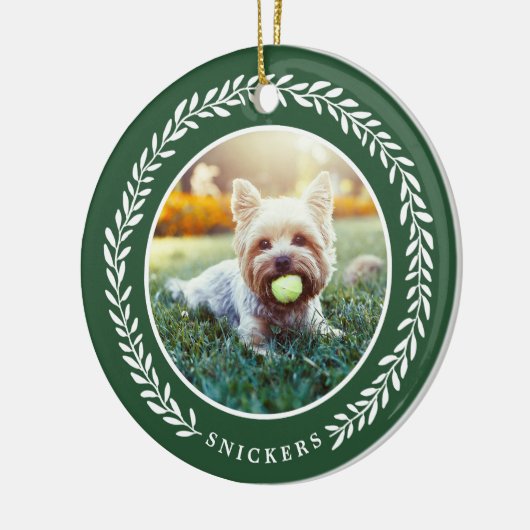 Laurel Wreath Pet Foto met Kerstmis | Groen Keramisch Ornament (Links)